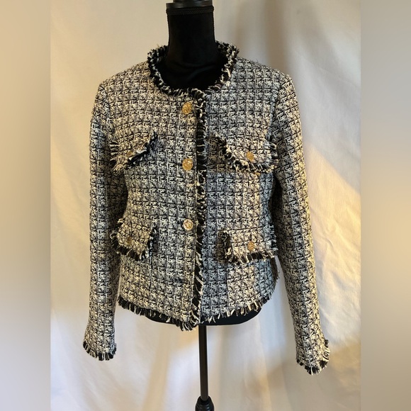 JOIE black & white tweed short blazer jacket with fringe size L office business - Picture 8 of 16